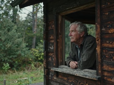 Cinematic film still of an elderly man looking out of a wooden cabin window, soft overcast natural light, deep shadows, rich textures.