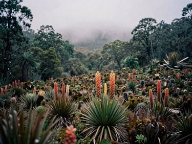 Cinematic wide shot of a misty paramo landscape with frailejones plants, low overcast daylight, deep forest greens and moody shadows, 35mm film