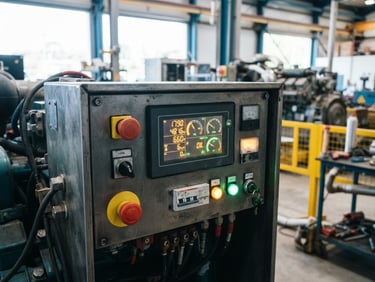 Close-up of a heavy-duty industrial diesel generator control panel, glowing LED diagnostic screen, cool metallic tones, bright workshop lighting