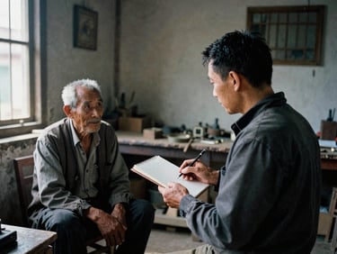 Candid documentary photo of a journalist with a notebook talking to an elderly craftsman inside a sunlit traditional workshop, natural shadows, 35mm film grain