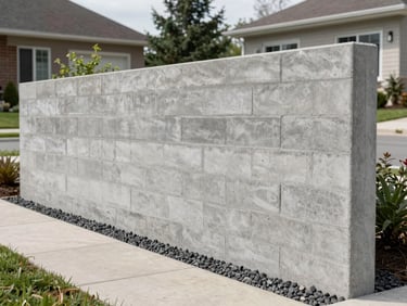 45-degree angle shot of a newly completed concrete block retaining wall on a suburban Saint-Lambert property, clean horizontal courses, drainage aggregate visible at base, overcast natural daylight, established garden behind wall