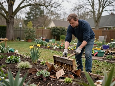Spring garden cleanup in progress on a Rive-Sud property, gloved hands raking winter debris from perennial beds, overcast natural light, mature trees visible in background