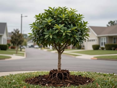 Newly planted ornamental tree in a Rive-Sud front yard, root ball visible at soil line, mulch ring around base, residential street and neighboring homes softly in background, overcast daylight