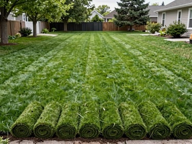 Wide-angle shot of a just-installed sod lawn on a residential Longueuil property, vivid green rolls of fresh turf laid in straight lines, soil edge visible at perimeter, mature trees and suburban fence in background, overcast daylight