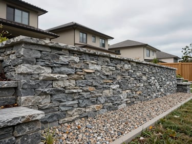 Wide shot of a completed dry-stack stone retaining wall in a Rive-Sud residential backyard, photographed in soft overcast daylight from a 45-degree angle showing horizontal seam lines, compacted gravel drainage bed at the base, and the sloped terrain it holds back; neighboring home fence visible in background for neighborhood context