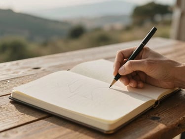 Hands sketching in a linen notebook on a wooden table, soft focus on natural textures, Corsican landscape in background, warm light