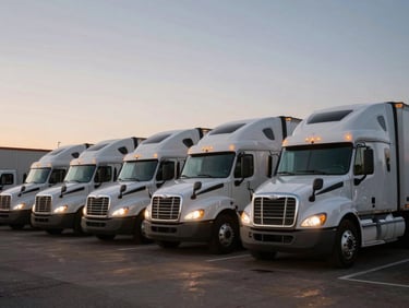 A fleet of clean semi-trucks parked at an Arizona logistics hub, amber running lights glowing against the twilight sky.