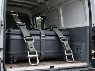 Extreme close-up of heavy-duty cargo tie-downs inside a clean dry van trailer, sharp focus, industrial details.