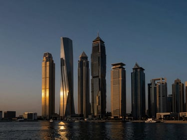Wide-angle premium architectural photography of Dubai Marina skyline at golden hour, dramatic high-contrast lighting, deep shadows with warm gold accents, 35mm