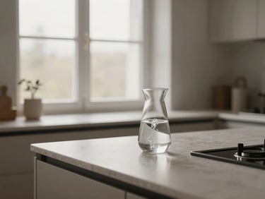 A clean modern kitchen counter in a Nordic home, soft morning light, a minimalist glass carafe being filled with water.