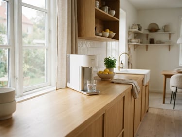 Medium-wide environmental shot of a bright Scandinavian kitchen at morning, soft natural window light, a sleek premium XSIE water generator integrated on a light oak countertop, a glass of water reflecting the light.