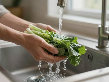 Close-up of fresh green vegetables being washed in a modern sink with sparkling microbubble water, soft natural light, shallow depth of field.