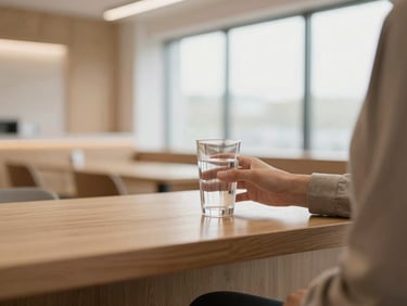 A bright, light-filled modern office lounge with wooden accents, a person in business casual attire holding a glass of clear water near a sleek counter.