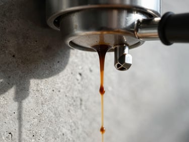 Extreme close-up of coffee extraction from a bottomless portafilter, rich dark espresso stream dripping with geometric precision, raw concrete background, natural side light, 35mm