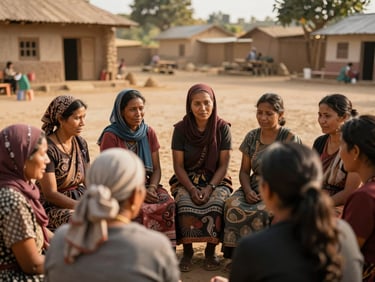 Group of local women and a volunteer discussing health topics in a village square, engaged expressions, natural golden-hour daylight, authentic human moments, rich earthy tones, shallow depth of field, 35mm