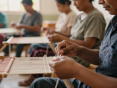 Close-up of hands learning traditional weaving techniques in a bright community center, natural daylight, focused expressions, rich earthy tones, shallow depth of field, 35mm