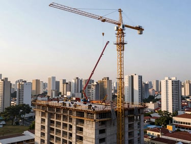 Wide shot of an active residential high-rise construction site in São Paulo, tower crane and concrete pump in operation, workers on scaffolding at the slab edge, early morning flat light, urban skyline visible in the background, no people in foreground