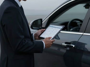 Close-up of a chauffeur in a tailored dark suit holding a discreet tablet with flight details, standing near a polished chrome vehicle door, low-key dramatic side lighting