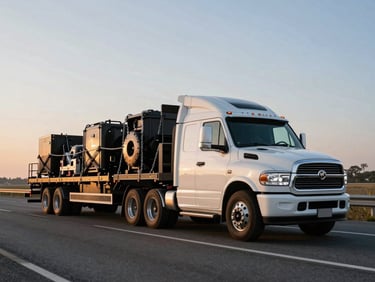 A white RAM 3500 dually truck with a black 40ft gooseneck flatbed trailer, loaded with heavy industrial equipment, secured with chains, under a crisp sunrise.