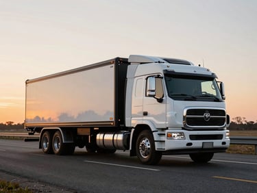 White RAM 3500 dually towing a black 40ft gooseneck flatbed on an open highway at sunset, high-contrast, sharp focus.