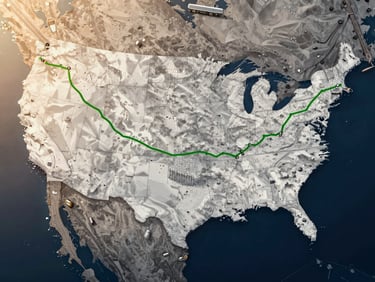 An aerial view of a detailed map of the continental United States, with a green line tracing a typical hotshot route from Tennessee to California, at sunrise.