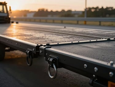 Close-up of a black 40ft gooseneck flatbed trailer deck, showing heavy-duty D-rings and securement points, with a blurred highway background at golden hour.