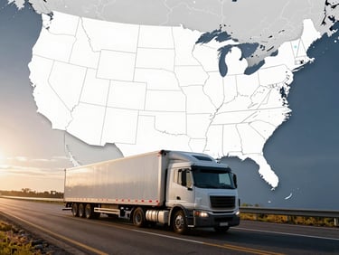 Map of the continental USA overlaid with a truck route, viewed from above, clean corporate style.