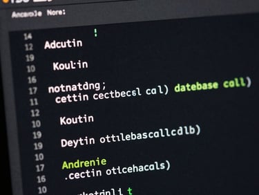 Macro close-up of a dark IDE screen showing clean, syntax-highlighted Kotlin code for an Android app, focusing on lightweight local database calls with zero external dependencies, low-key green terminal light.