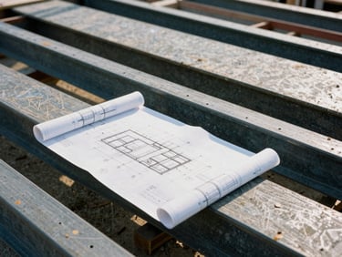 Architectural blueprints laid over heavy steel beams on an active commercial construction site, crisp morning light