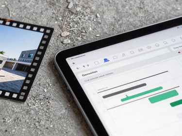 Close-up of a digital tablet showing a Gantt chart scheduler next to raw concrete, architectural film photography