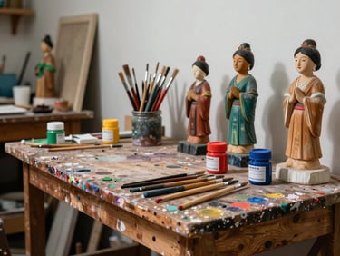 A side-angle photograph of an artisan painting studio in Latin America / Chile. Wooden tables covered with paint stains, rows of thin brushes, tempera jars, and half-finished painted wooden figures.