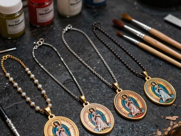 A detailed eye-level shot of religious necklaces and painted virgin medallions placed on a weathered charcoal black workbench alongside fine detail paintbrushes and glass jars filled with craft tempera in Santiago, Latin America / Chile.