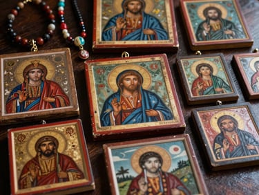 Atmospheric photography showing a collection of religious painted icons and colorful non-religious necklaces resting together on a dark wooden surface in Latin America / Chile.
