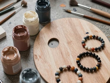 A beautiful flat-lay photo of painting supplies in a Santiago atelier in Latin America / Chile: wooden mixing palettes, jars of tempera paint in taupe, dark slate gray, and cream, beside finished beaded bracelets.