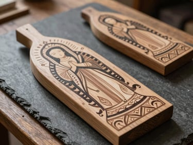 An elegant photograph of hand-painted wooden virgins crafted in Latin America / Chile, resting on a dark slate gray wooden tabletop in an artisan workshop. Soft warm lighting highlights the intricate brushstrokes and warm taupe and soft beige tones.