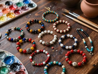 An artistic overhead photo of vibrant handcrafted bracelets and beaded necklaces on a dark oak workshop table surrounded by paint palettes, fine brushes, and clay pots in Latin America / Chile.