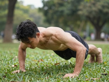 A person stretching outdoors on green grass during early morning, soft natural light, focus on movement and vitality