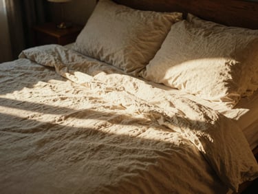 Warm sunset light casting long shadows in a quiet bedroom, natural linen sheets, cozy and peaceful atmosphere, 35mm film look