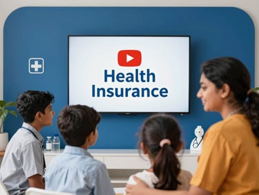 Thumbnail for a YouTube video about health insurance, featuring a healthy South Indian family and medical symbols, bright natural daylight, rich corporate blue and orange accents.