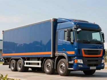 Thumbnail for a YouTube video about commercial vehicle insurance, featuring a modern commercial truck and cargo, bright natural daylight, rich corporate blue and orange accents.