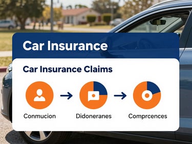 Thumbnail for a YouTube video about car insurance claims, featuring a modern car and a clear infographic element, bright natural daylight, rich corporate blue and orange accents.