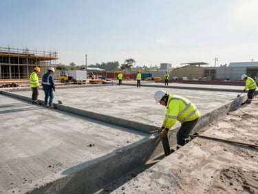 Wide environmental shot of an active commercial construction site, a crew wearing high-visibility safety gear preparing a concrete joint pour under crisp morning light, clean lines
