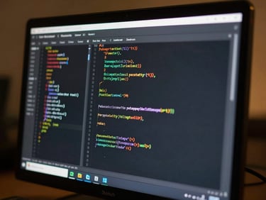 Macro shot of developer terminal screen displaying lines of clean, structured code, low-key studio lighting with sharp amber backlighting.