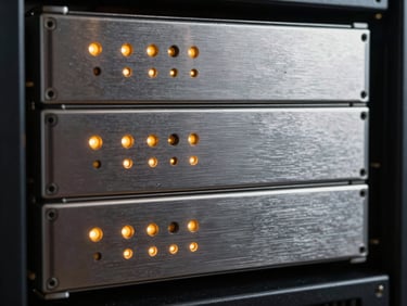 Extreme close-up of server hardware racks, cool silver key lights reflecting off dark brushed metal, amber indicator lights blinking in sequence.