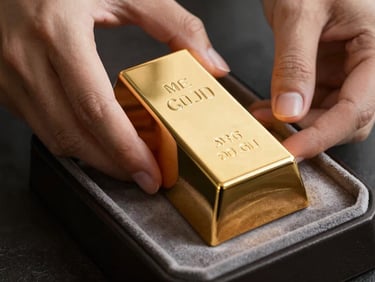 Hands carefully placing a polished gold bar into a secure velvet-lined presentation box, soft warm lighting reflecting off the metallic champagne gold surface.