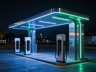 Cinematic low-key wide architectural shot of an ultra-modern EV charging hub at night with electric blue neon ambient glows and sharp metallic reflections