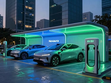 Wide cinematic architectural shot of a high-capacity Nexaura EV charging hub in a modern Indian smart city at twilight, glowing electric blue and emerald green neon accents, sleek luxury electric vehicles plugged in, sharp metallic reflections, 35mm lens