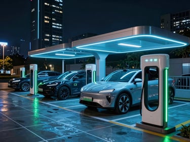 Wide architectural shot of an ultra-modern EV charging hub at night, glowing electric blue neon accents reflecting on luxury electric vehicles, smart city grid overlay, cinematic lighting, 35mm lens