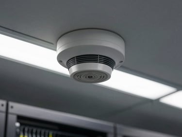 Close-up of a ceiling-mounted fire suppression sprinkler head and sensor unit in a data center, neutral overhead fluorescent light, cable trays visible in background, no people