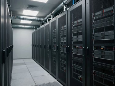 Wide shot inside a large server room with rows of rack-mounted equipment, suppression pipe runs visible along the ceiling, soft even overhead lighting, no people